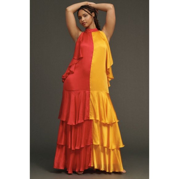 Anthropologie Mock-Neck Ruffled Tiered Colorblock Dress